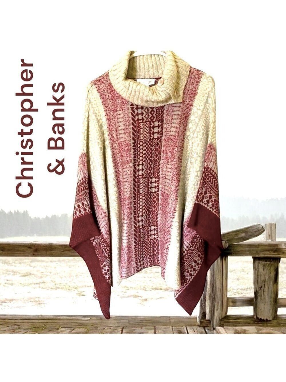 Christopher&Banks-NWT oatmeal/burgundy knit poncho. Cowl neck/arm slots. New